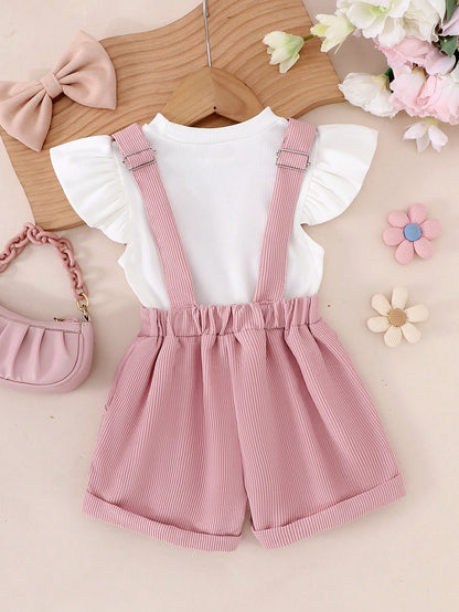 Girls Pink Heart Bib Shorts & White Flutter Sleeve Top Set