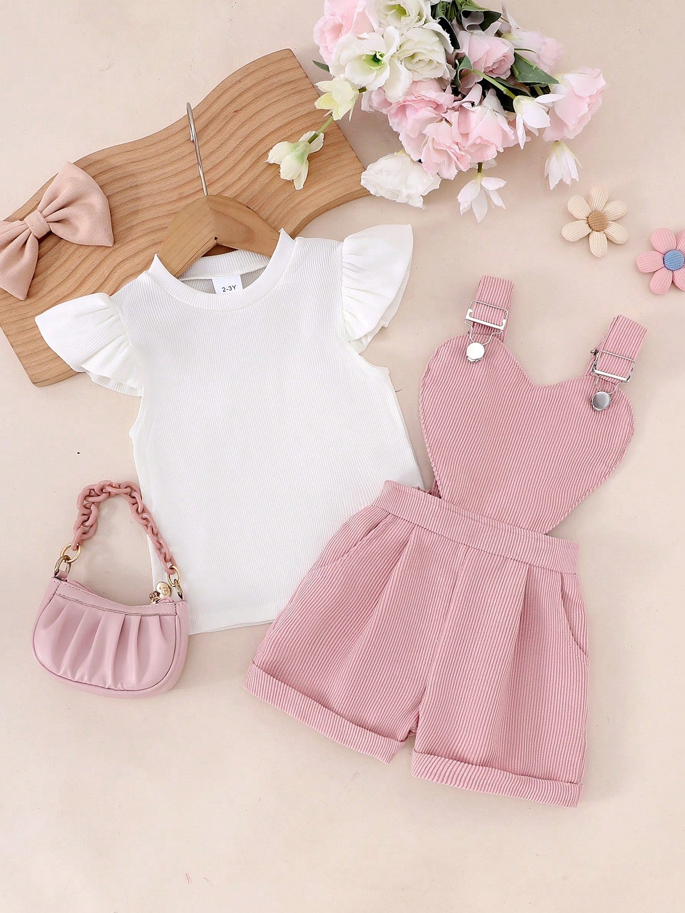 Girls Pink Heart Bib Shorts & White Flutter Sleeve Top Set