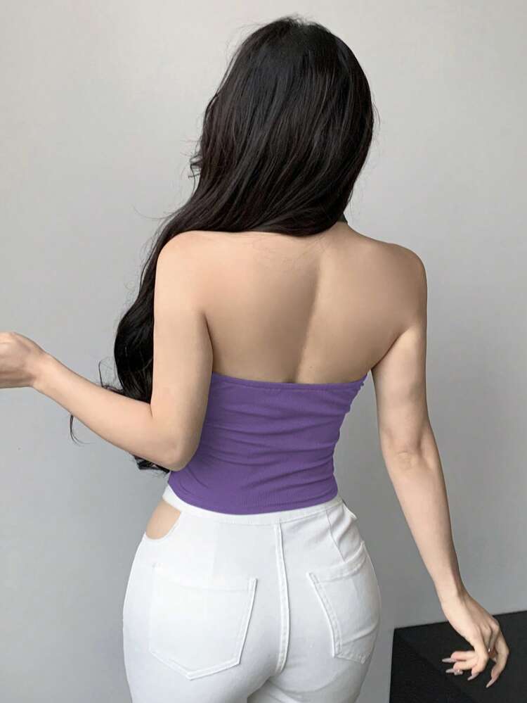 Purple Cross Halter Ribbed Crop Top – Sleeveless Fitted Tank – Cut Out Neck Statement Style