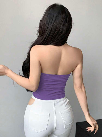 Purple Cross Halter Ribbed Crop Top – Sleeveless Fitted Tank – Cut Out Neck Statement Style