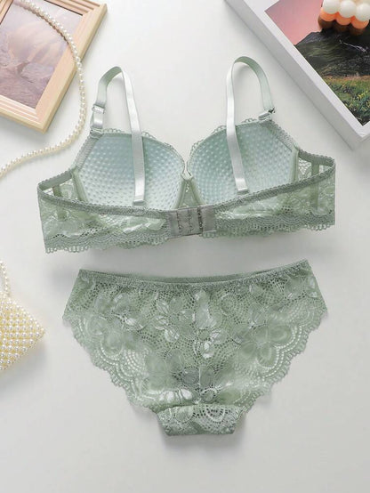 Women’s Sage Green Lace Bra & Panty Set – 2 Piece Underwire Lingerie Set – Elegant Floral Lace Matching Underwear