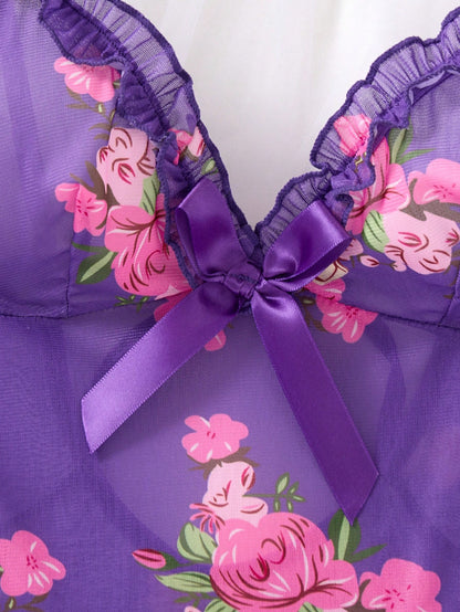SHEIN Purple Floral Mesh Cami Nightdress Set - SHEIN Fast Delivery in 5 Days