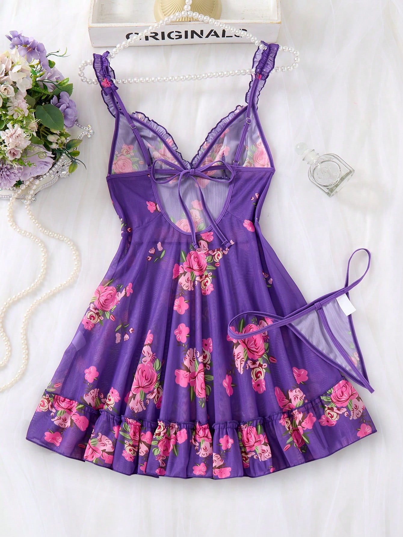 SHEIN Purple Floral Mesh Cami Nightdress Set - SHEIN Fast Delivery in 5 Days