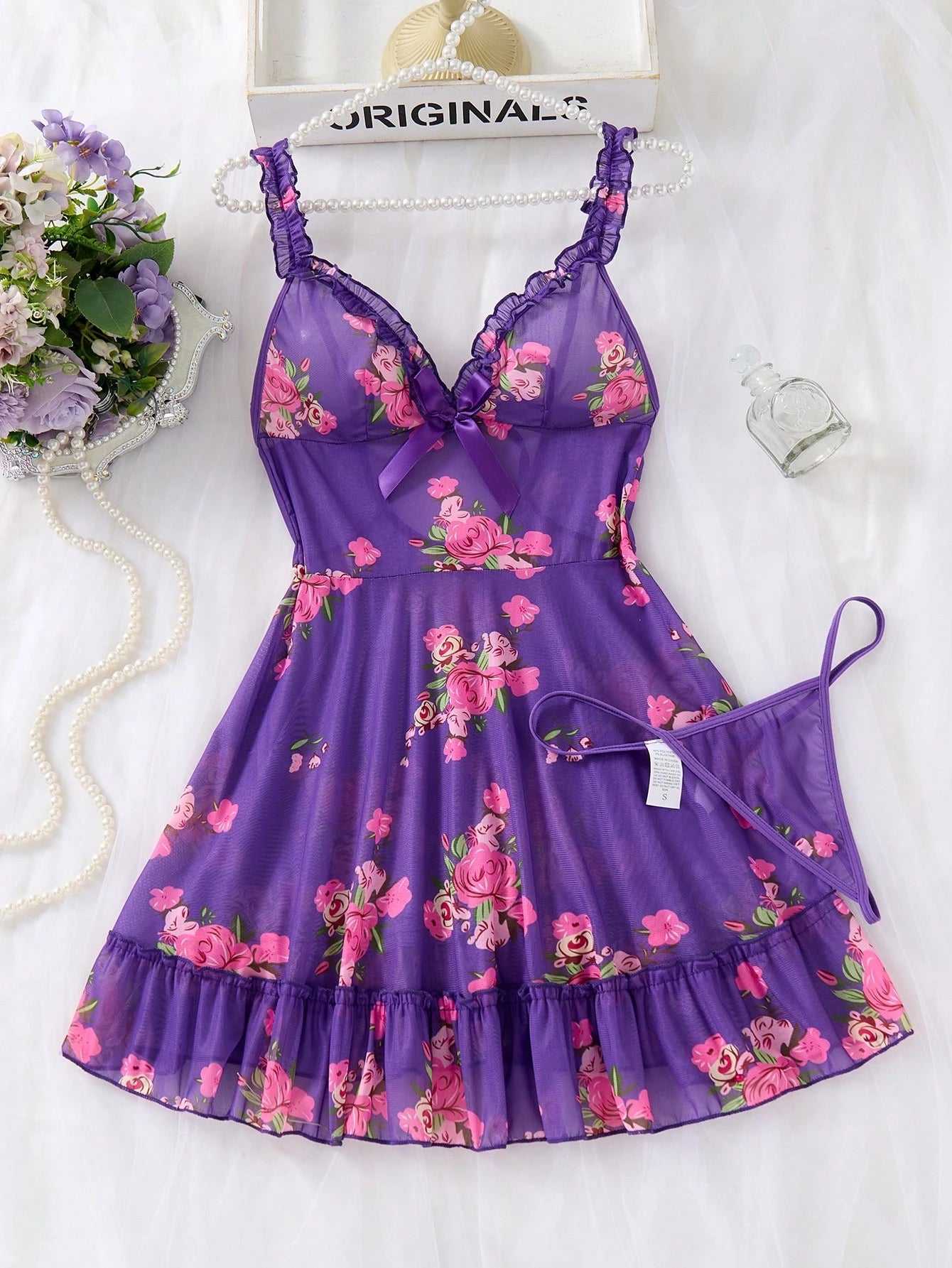 SHEIN Purple Floral Mesh Cami Nightdress Set - SHEIN Fast Delivery in 5 Days
