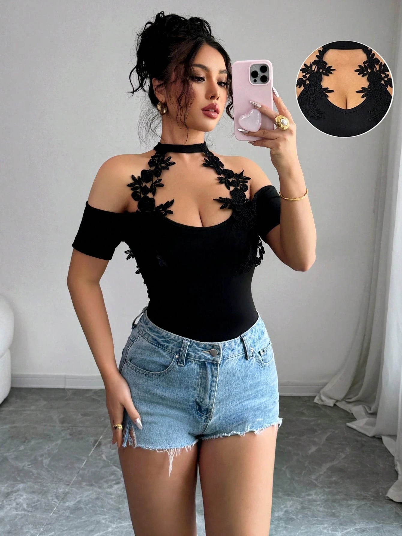 Women’s Black Floral Lace Halter Off Shoulder Bodysuit Top