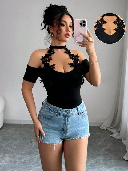 Women’s Black Floral Lace Halter Off Shoulder Bodysuit Top