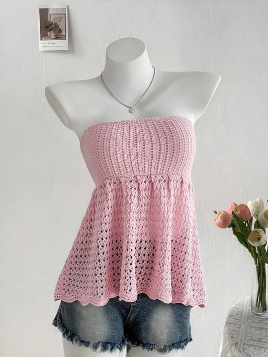 Soft Pink Crochet Tube Peplum Top – Strapless Knit Babydoll Blouse – Flowy Feminine Summer Style