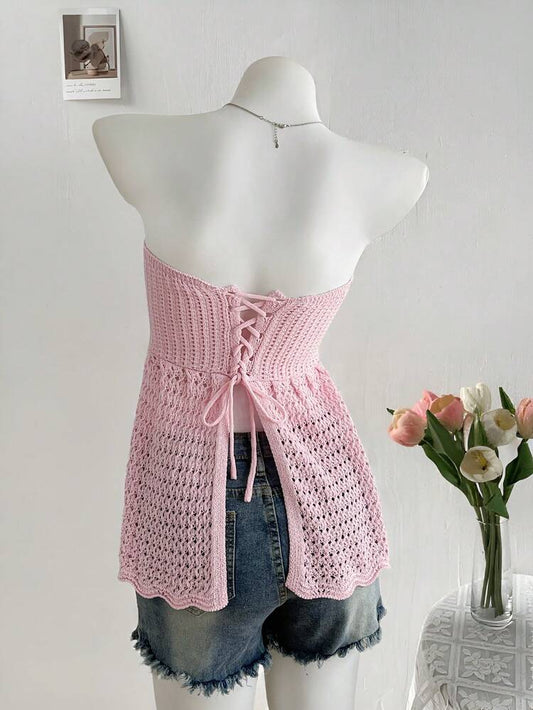 Soft Pink Crochet Tube Peplum Top – Strapless Knit Babydoll Blouse – Flowy Feminine Summer Style