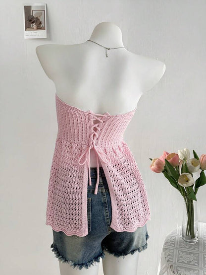Soft Pink Crochet Tube Peplum Top – Strapless Knit Babydoll Blouse – Flowy Feminine Summer Style