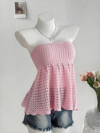 Soft Pink Crochet Tube Peplum Top – Strapless Knit Babydoll Blouse – Flowy Feminine Summer Style