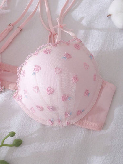 Pink Floral Embroidered Push Up Bra for Women – Underwire Lace Bra – Double Strap Design – Shein Style Cute Lingerie