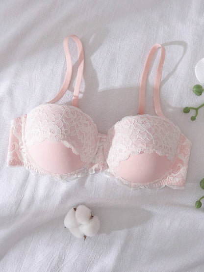 Light Pink Lace Push Up Bra for Women – Underwire Padded Bra – Soft Shein Style Feminine Lingerie