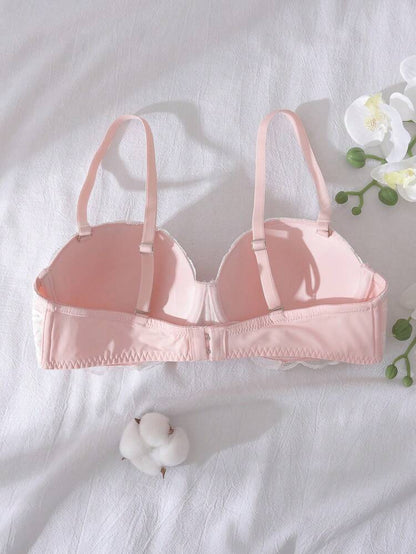Light Pink Lace Push Up Bra for Women – Underwire Padded Bra – Soft Shein Style Feminine Lingerie