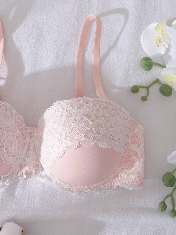Light Pink Lace Push Up Bra for Women – Underwire Padded Bra – Soft Shein Style Feminine Lingerie