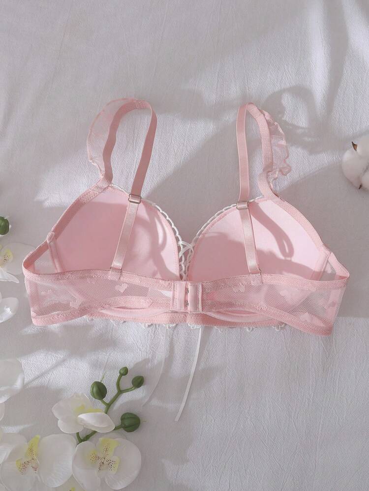 Pink Heart Lace Up Push Up Bra for Women – Underwire Padded Bra – Shein Style Cute Feminine Lingerie