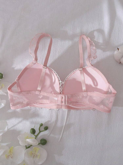 Pink Heart Lace Up Push Up Bra for Women – Underwire Padded Bra – Shein Style Cute Feminine Lingerie