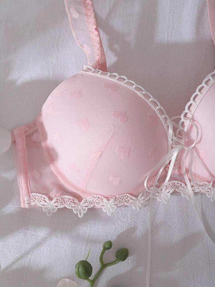 Pink Heart Lace Up Push Up Bra for Women – Underwire Padded Bra – Shein Style Cute Feminine Lingerie