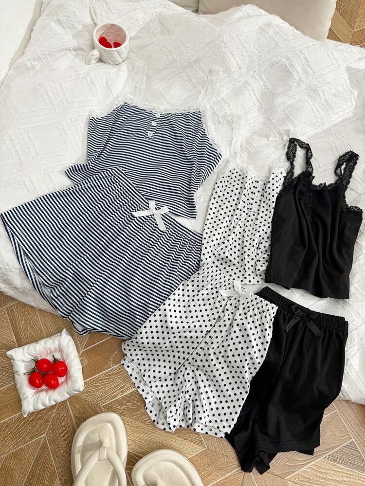 Women’s 3 Pack Lace Trim Pajama Shorts Sets – Stripe, Polka Dot & Black Cami Sleepwear Bundle