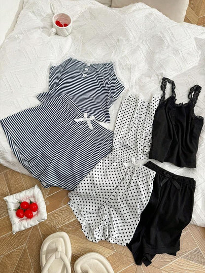 Women’s 3 Pack Lace Trim Pajama Shorts Sets – Stripe, Polka Dot & Black Cami Sleepwear Bundle