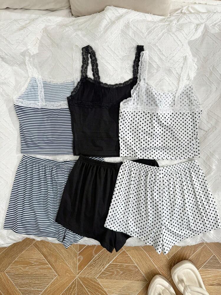 Women’s 3 Pack Lace Trim Pajama Shorts Sets – Stripe, Polka Dot & Black Cami Sleepwear Bundle