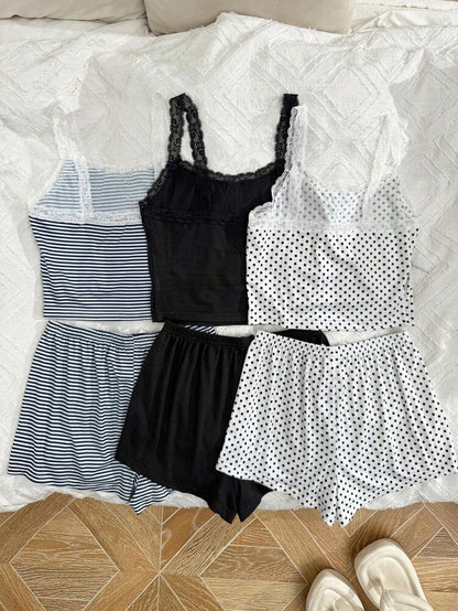 Women’s 3 Pack Lace Trim Pajama Shorts Sets – Stripe, Polka Dot & Black Cami Sleepwear Bundle
