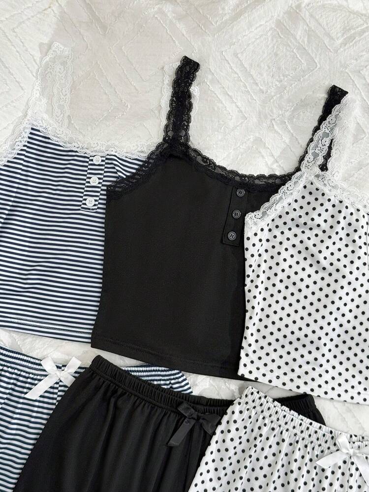 Women’s 3 Pack Lace Trim Pajama Shorts Sets – Stripe, Polka Dot & Black Cami Sleepwear Bundle