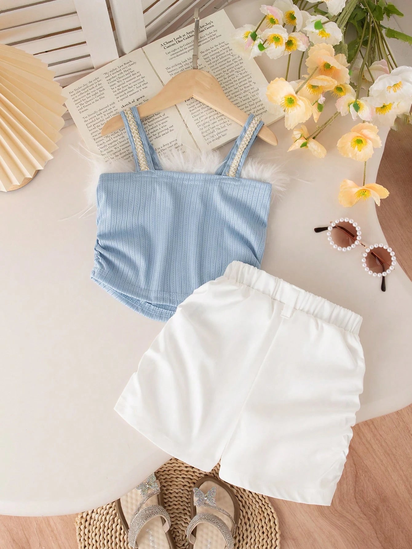 Girls Blue Faux Fur Bow Top & White Shorts Set