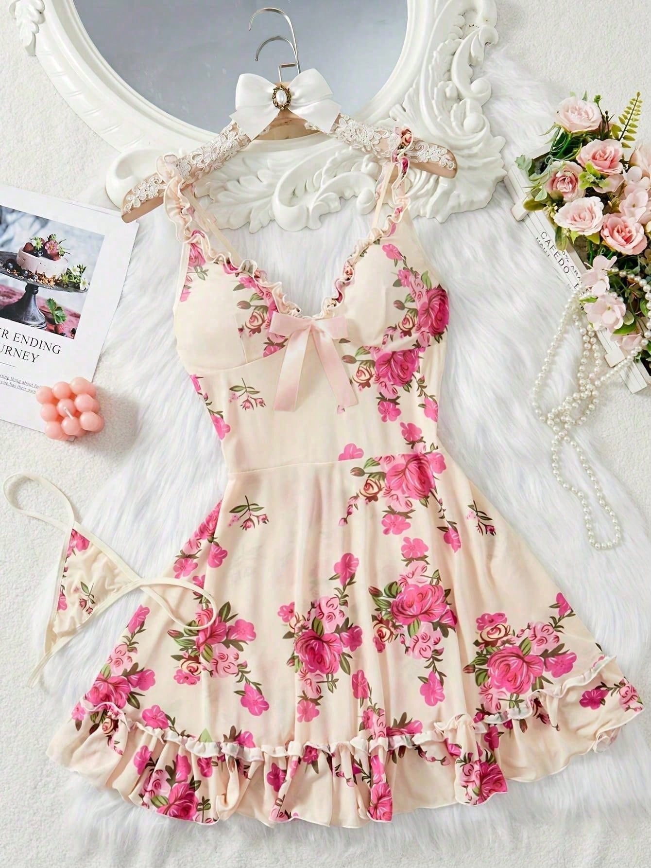 SHEIN Cream Floral Mesh Cami Nightdress Set - SHEIN Fast Delivery in 5 Days