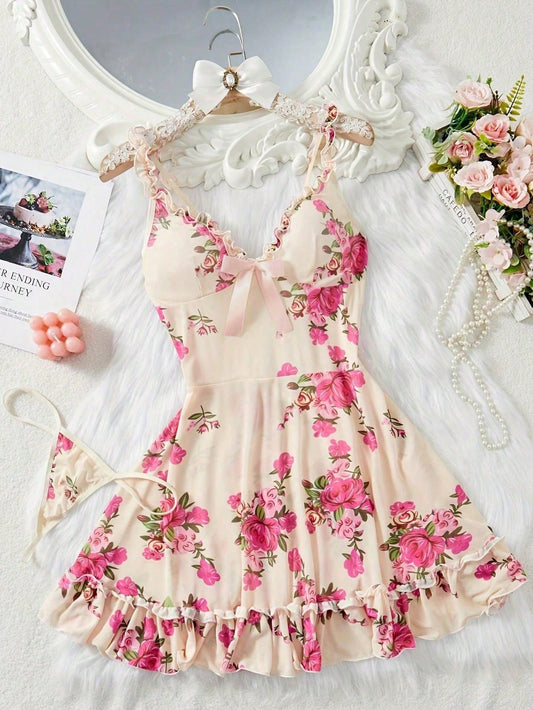 SHEIN Cream Floral Mesh Cami Nightdress Set - SHEIN Fast Delivery in 5 Days