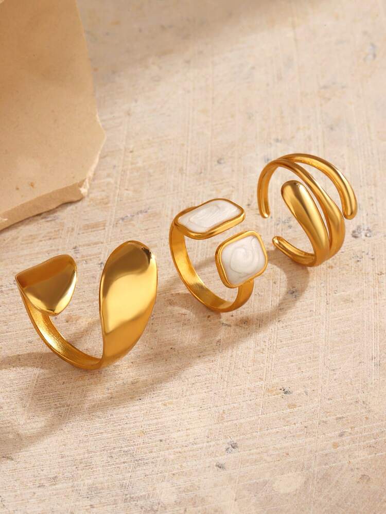 Gold Open Ring Set with White Marble Detail for Women – 3 Pieces