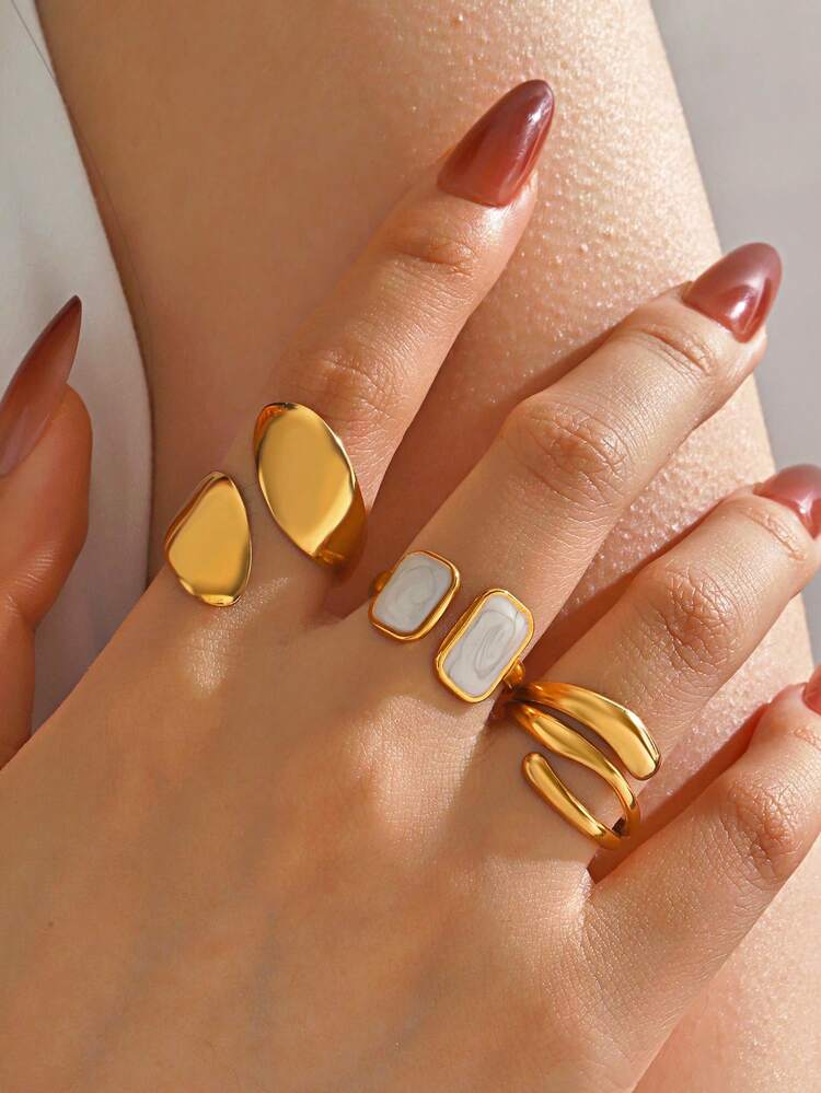 Gold Open Ring Set with White Marble Detail for Women – 3 Pieces