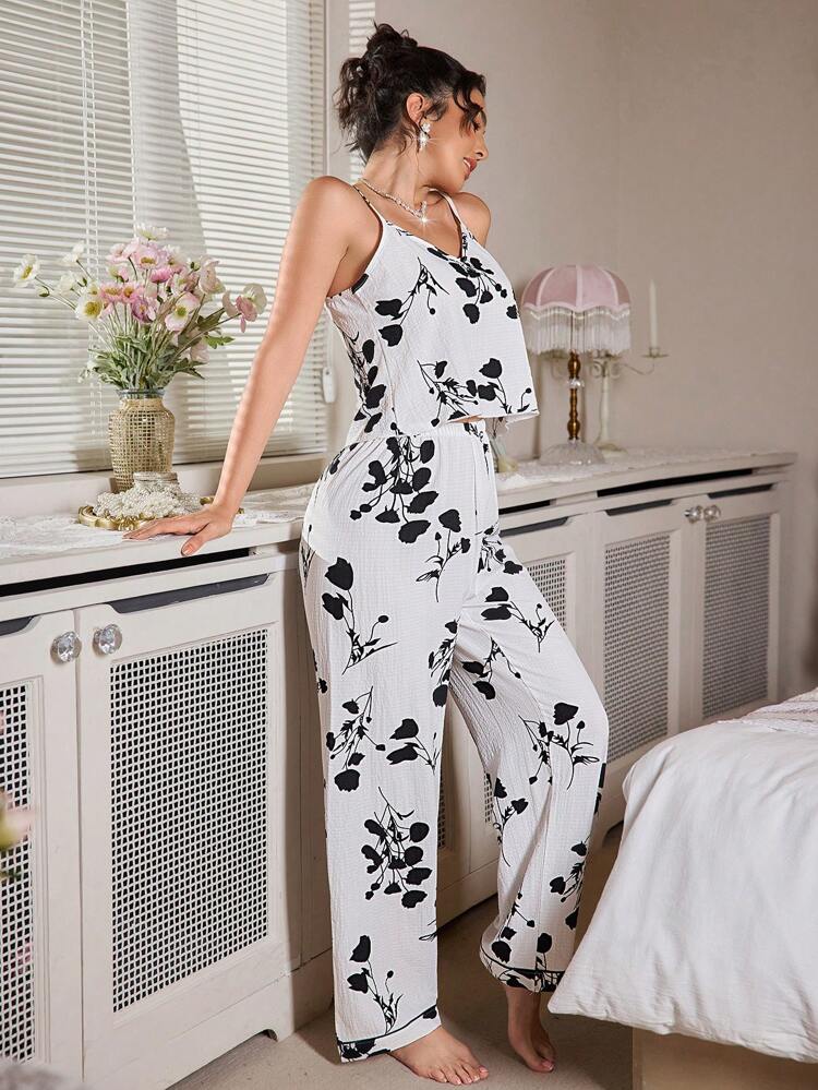 Women’s Black & White Floral Cami Lounge Set – Wide Leg Two Piece Pajama Set