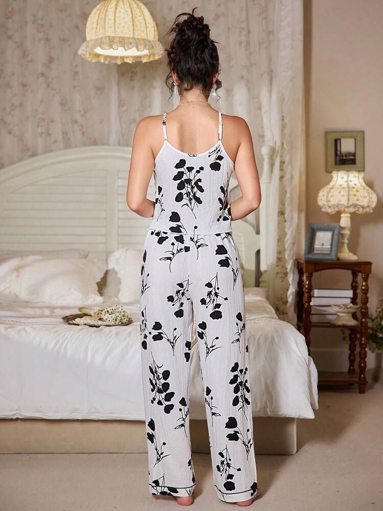 Women’s Black & White Floral Cami Lounge Set – Wide Leg Two Piece Pajama Set