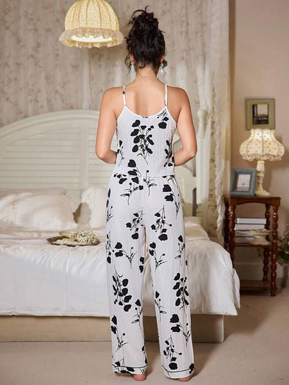 Women’s Black & White Floral Cami Lounge Set – Wide Leg Two Piece Pajama Set