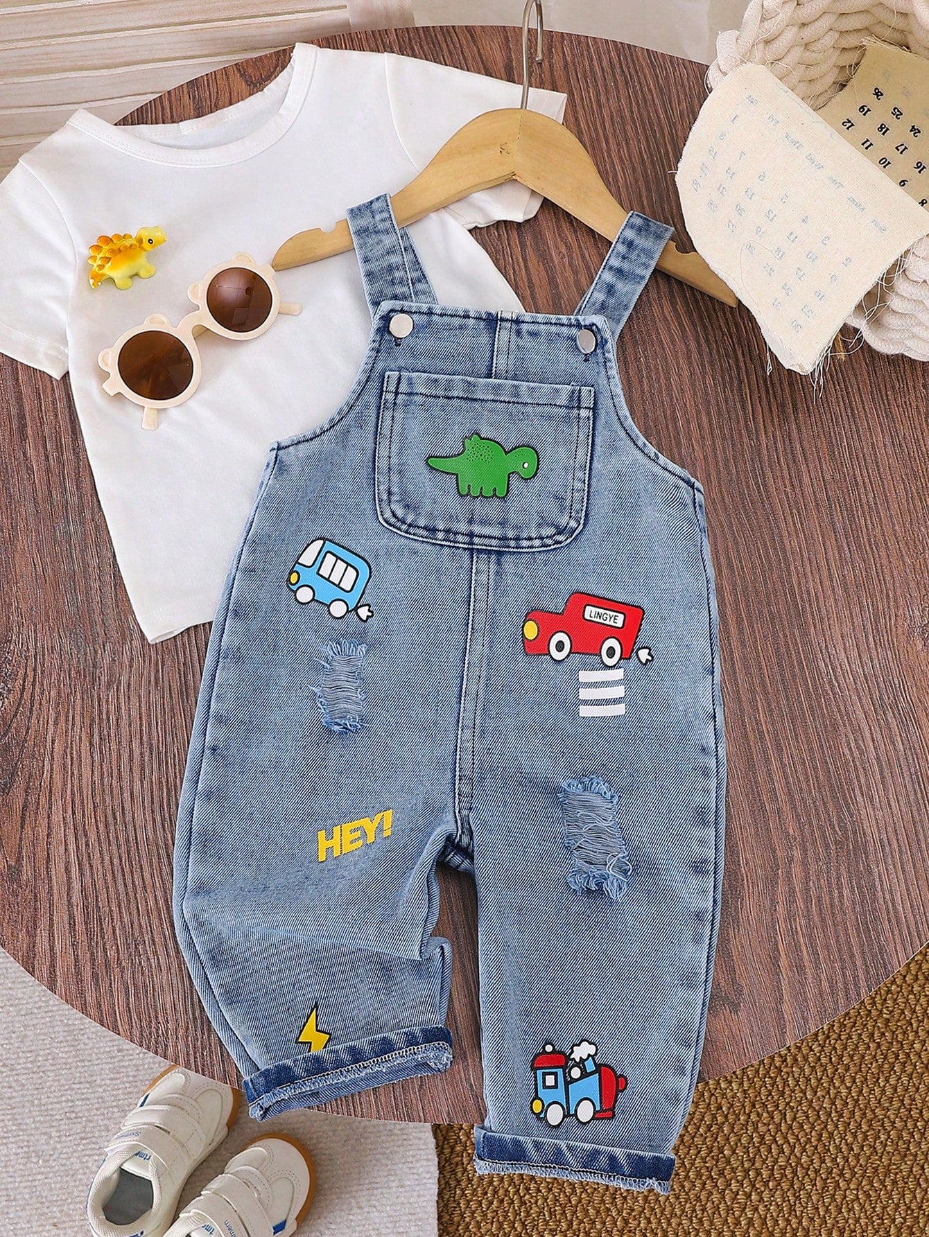 Baby Boy Blue Denim Overall Romper – Cartoon Vehicle Patches – Casual Sleeveless Jumpsuit