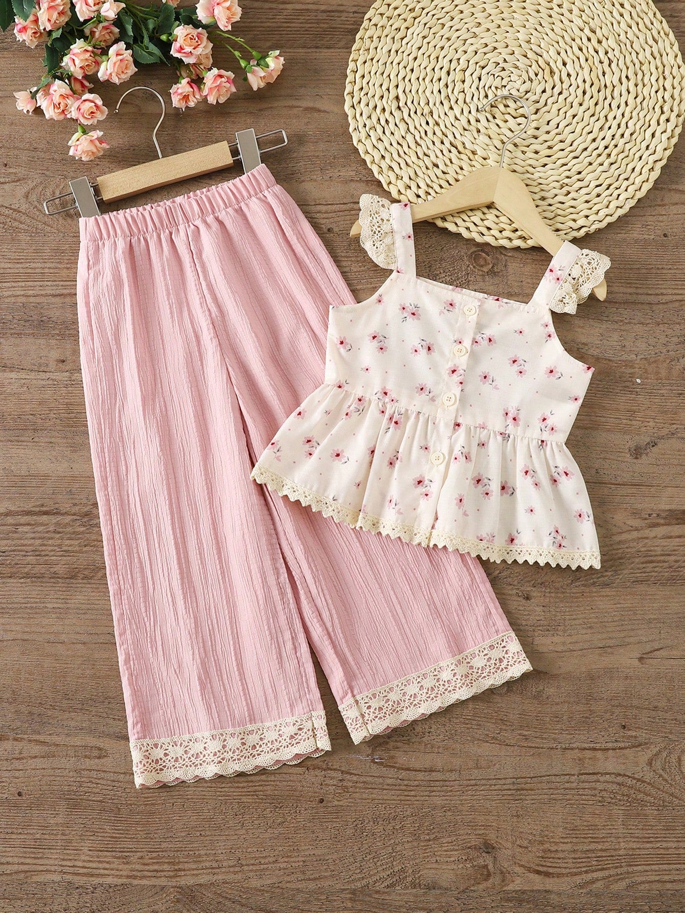 Girls Cream Floral Lace Top & Pink Wide Leg Pants Set