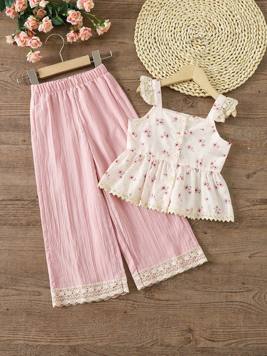 Girls Cream Floral Lace Top & Pink Wide Leg Pants Set