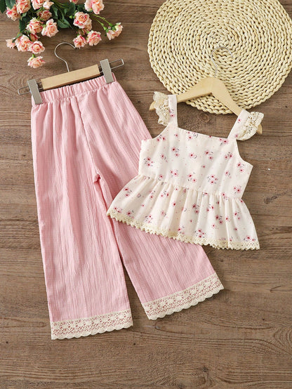 Girls Cream Floral Lace Top & Pink Wide Leg Pants Set