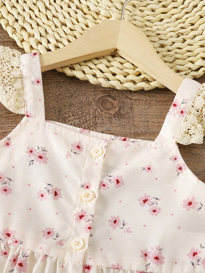 Girls Cream Floral Lace Top & Pink Wide Leg Pants Set