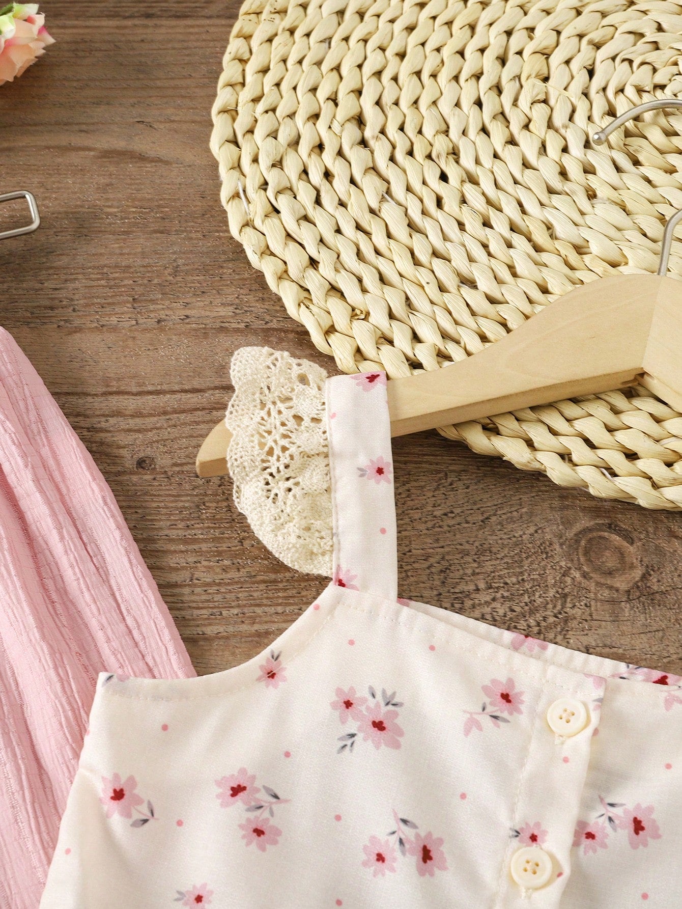 Girls Cream Floral Lace Top & Pink Wide Leg Pants Set