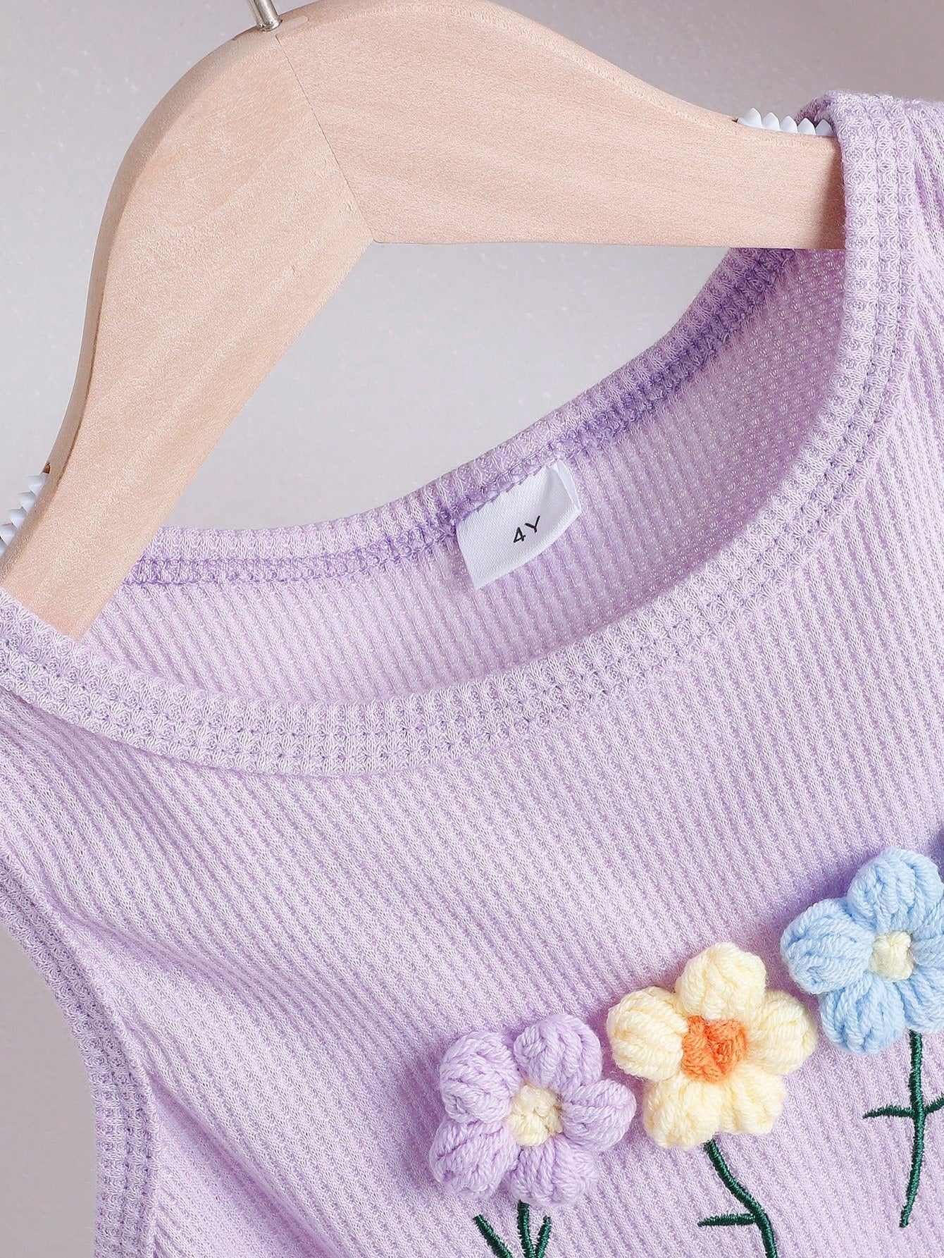 Girls Lavender Flower Embroidery Top & Denim Shorts