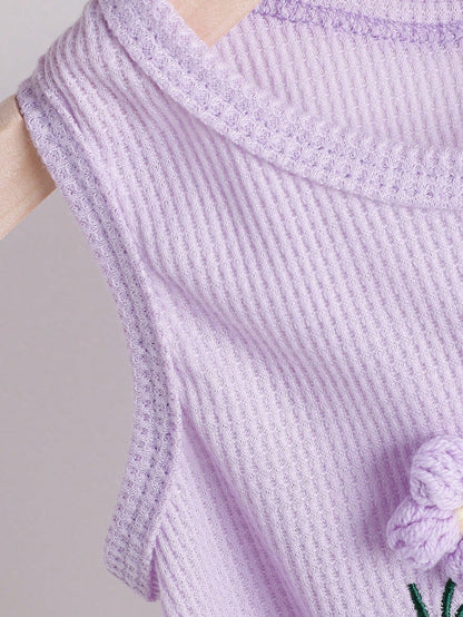 Girls Lavender Flower Embroidery Top & Denim Shorts