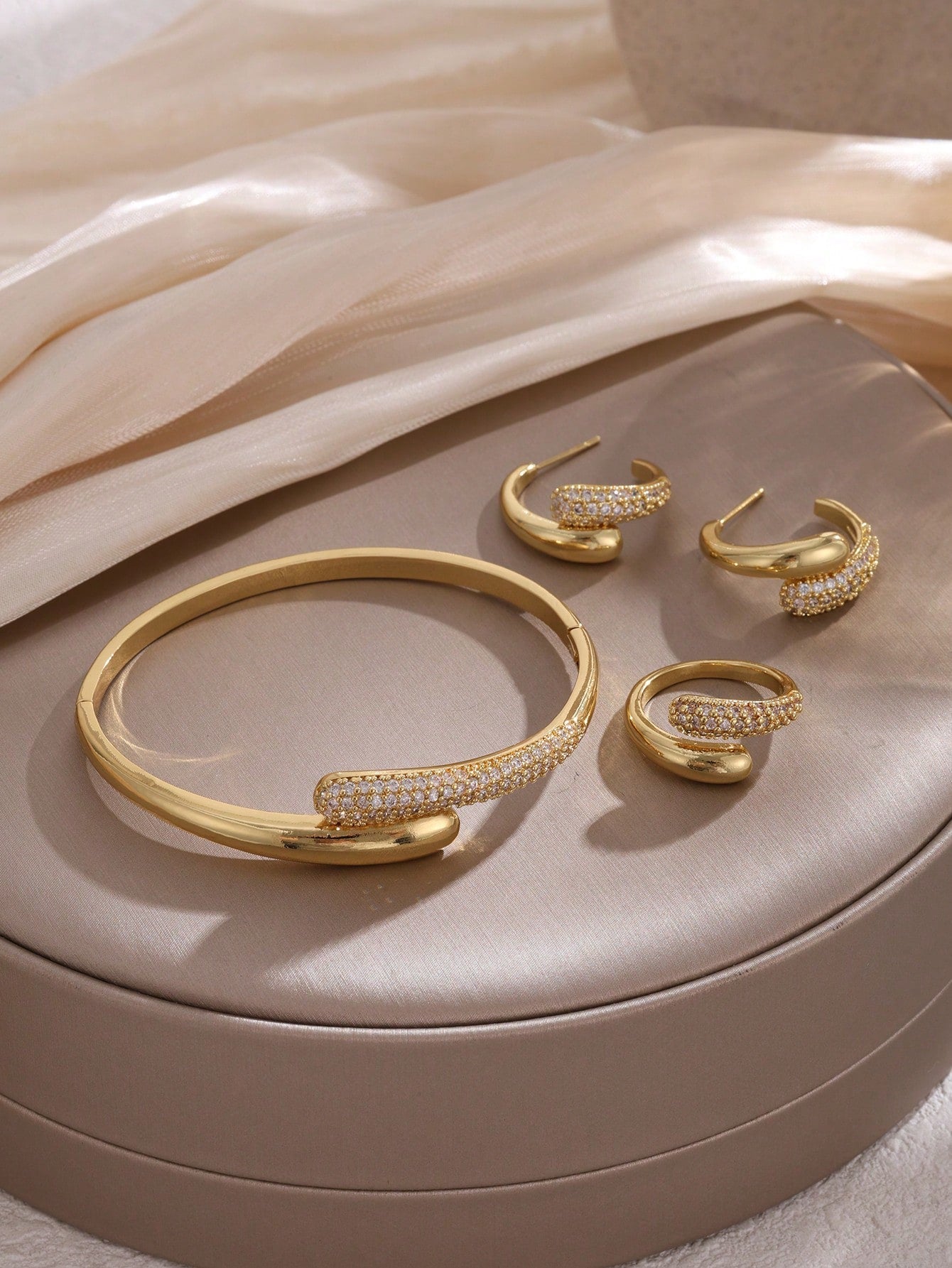 4 Piece Gold Tone Crystal Accent Jewelry Set – Bangle Bracelet Hoop Earrings and Ring – Elegant Women Accessories