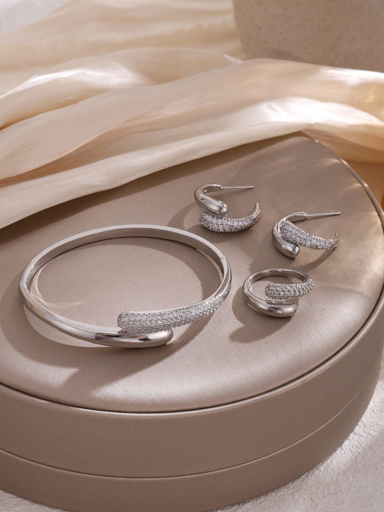 4 Piece Gold Tone Crystal Accent Jewelry Set – Bangle Bracelet Hoop Earrings and Ring – Elegant Women Accessories