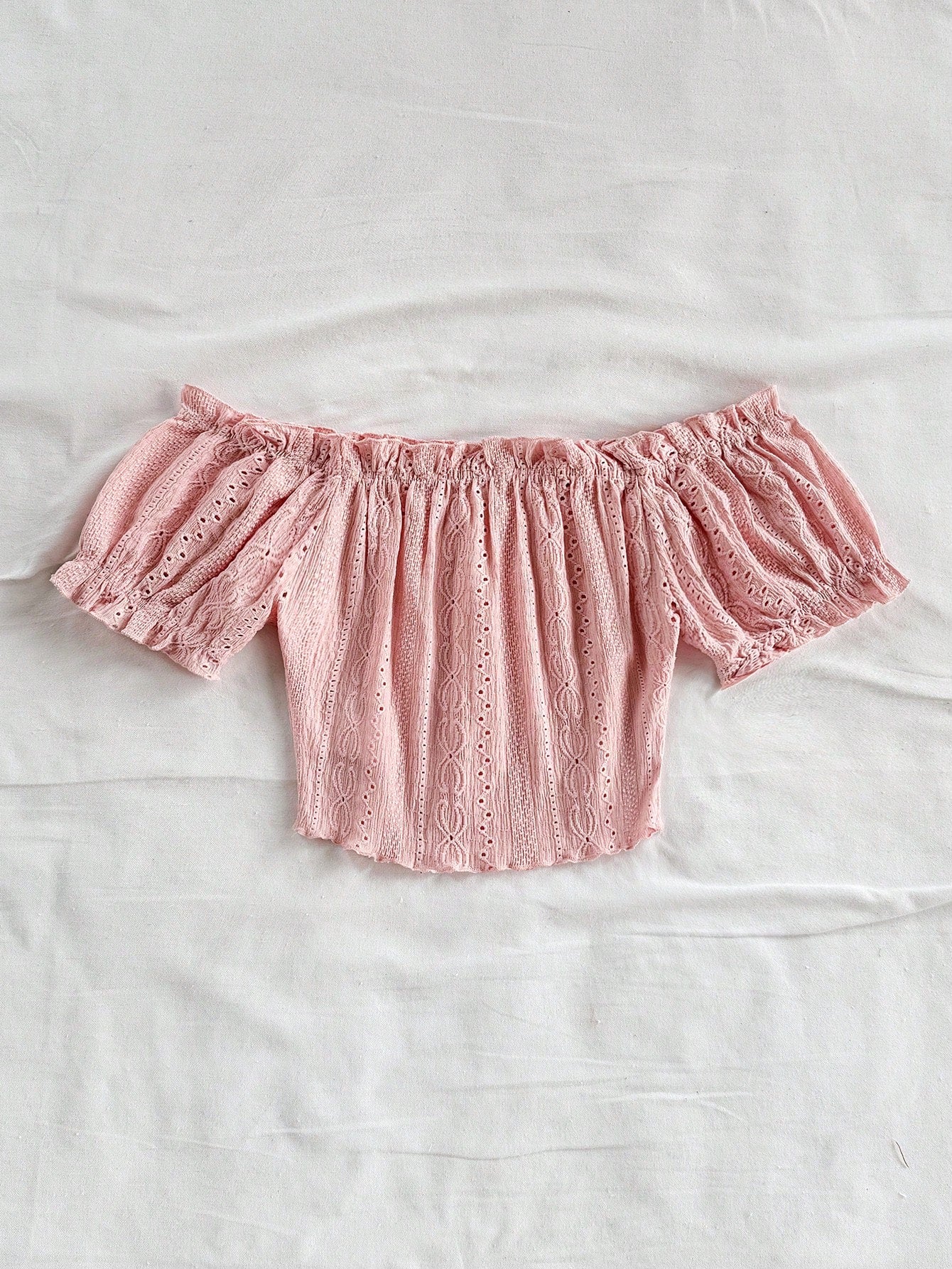 SHEIN Pink Off-Shoulder Eyelet Crop Top