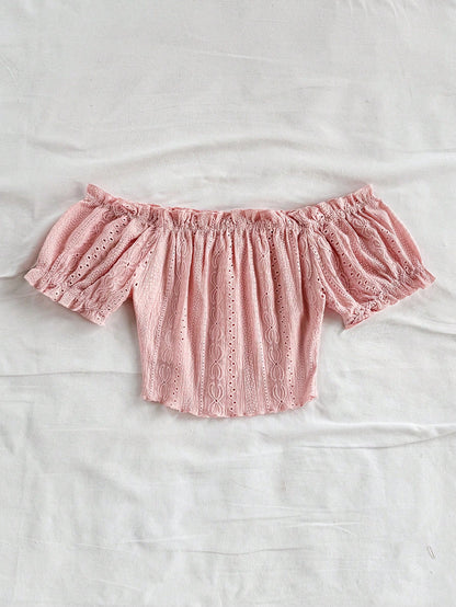 SHEIN Pink Off-Shoulder Eyelet Crop Top