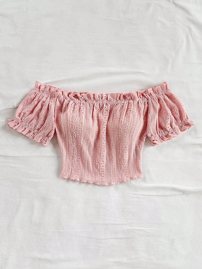 SHEIN Pink Off-Shoulder Eyelet Crop Top