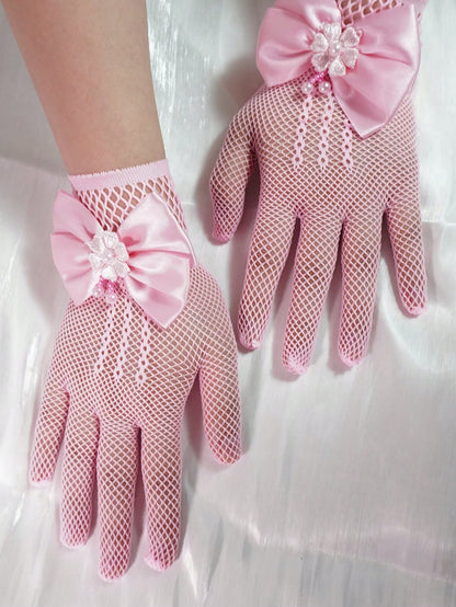 Girls’ Pink Mesh Dress Gloves – Satin Bow & Floral Pearl Detail – Princess Party Costume Gloves