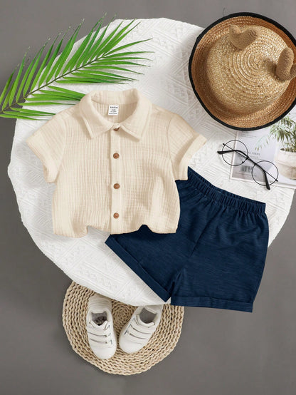 SHEIN Kids Beige Button Shirt & Navy Shorts Set - SHEIN Fast Delivery in 5 Days