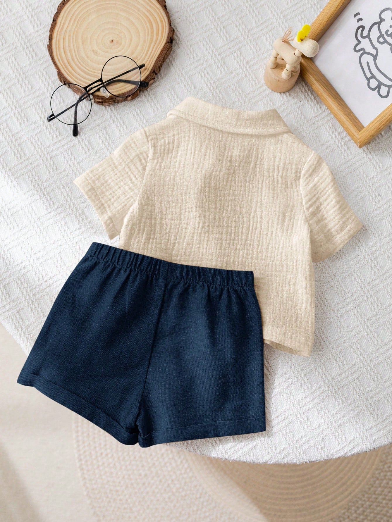 SHEIN Kids Beige Button Shirt & Navy Shorts Set - SHEIN Fast Delivery in 5 Days